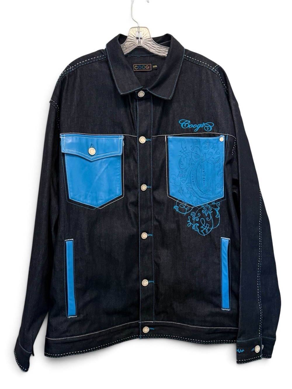 COOGI Vintage Y2K Denim Jacket Black Blue Embroidered Leather Trim Denim Jacket